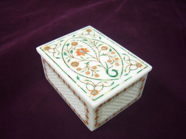 Marble Keepsake | Jewelry Gift Box in White Marble Inlay Art with Red Coral