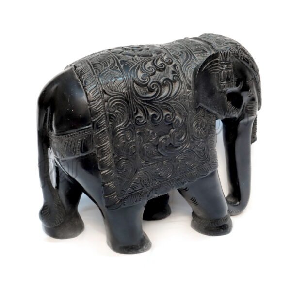 Black Marble Elephant Figure with Carving Art