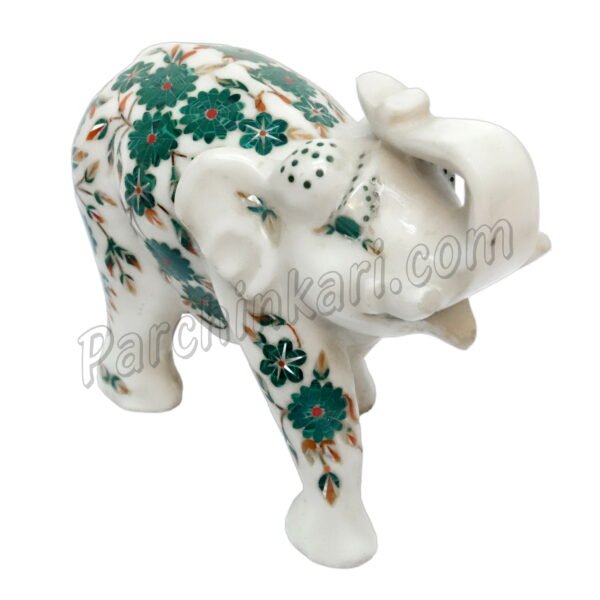 Malachite Stone Elephant Figure in White Marble