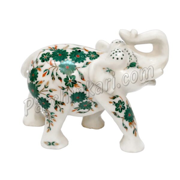 Malachite Stone Elephant Figure in White Marble