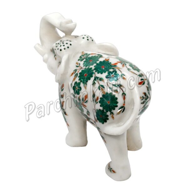 Malachite Stone Elephant Figure in White Marble