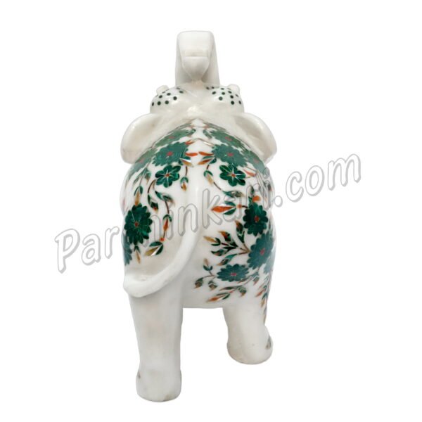 Malachite Stone Elephant Figure in White Marble