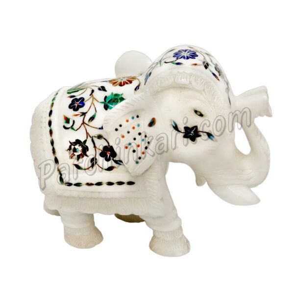 White Marble Inlaid Elephant Figure with Flower Art