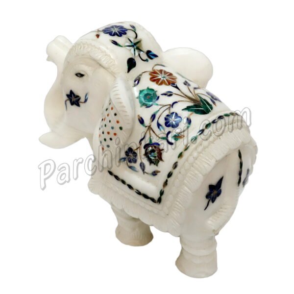 White Marble Inlaid Elephant Figure with Flower Art