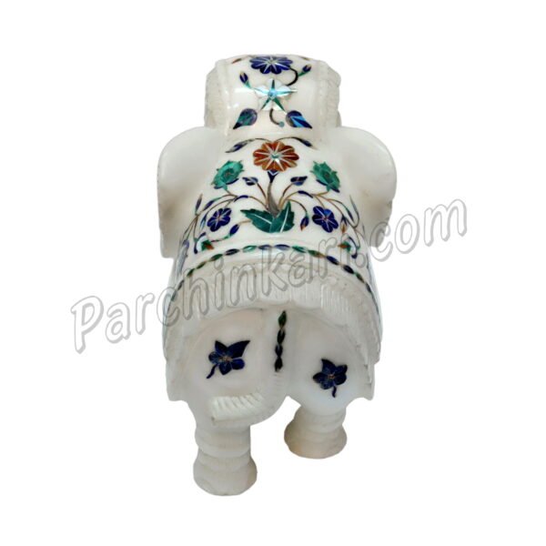 White Marble Inlaid Elephant Figure with Flower Art