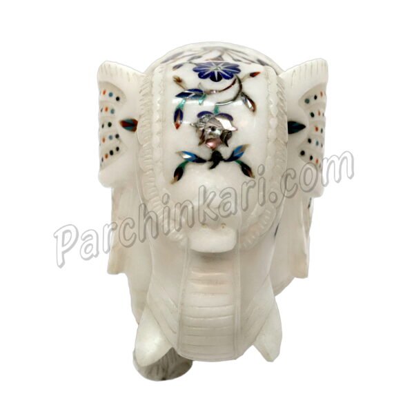 White Marble Inlaid Elephant Figure with Flower Art