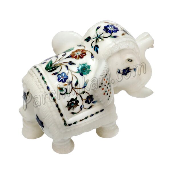 White Marble Inlaid Elephant Figure with Flower Art