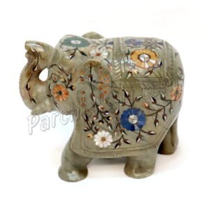 Green Marble Elephant Figure with Stone Art