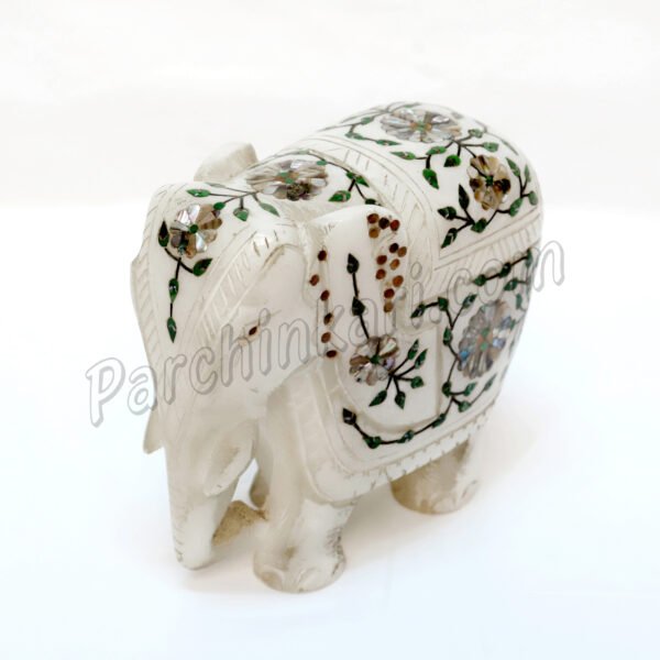 Abalone Design Elephant Figure in White Marble