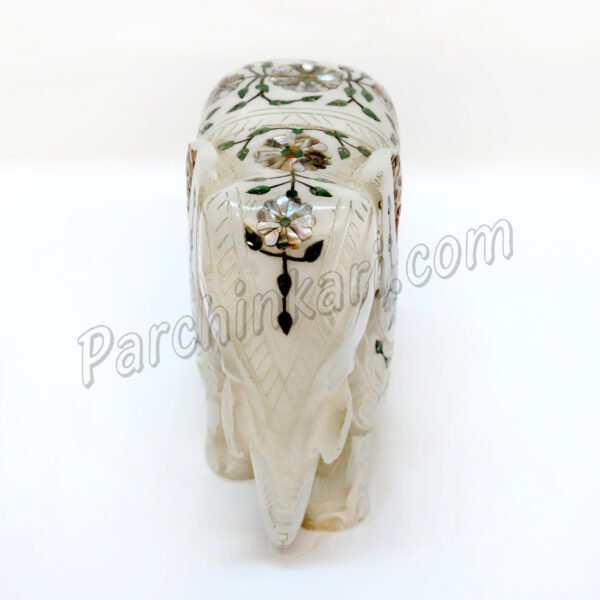 Abalone Design Elephant Figure in White Marble