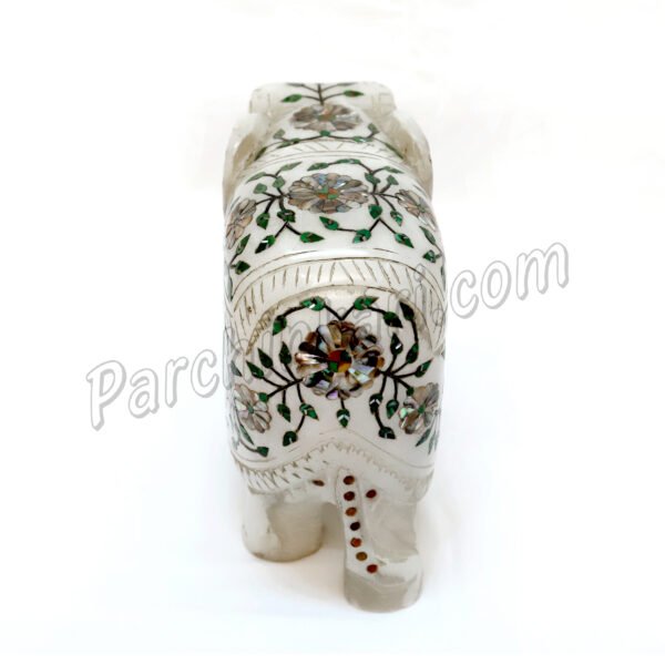 Abalone Design Elephant Figure in White Marble