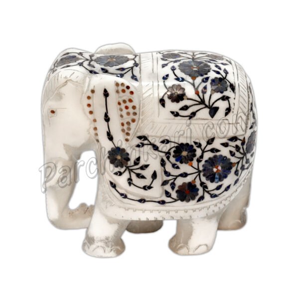 Lapis Lazuli Elephant Figure in White Alabaster Marble