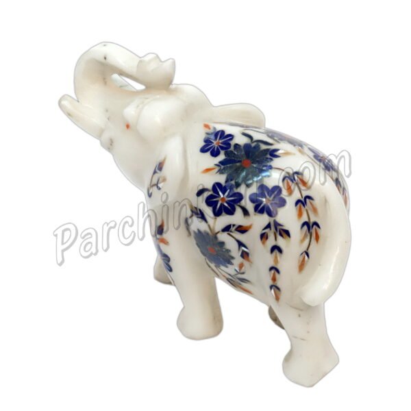 Inlaid Art Elephant Figure in White Marble