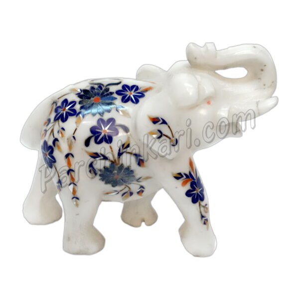 Inlaid Art Elephant Figure in White Marble