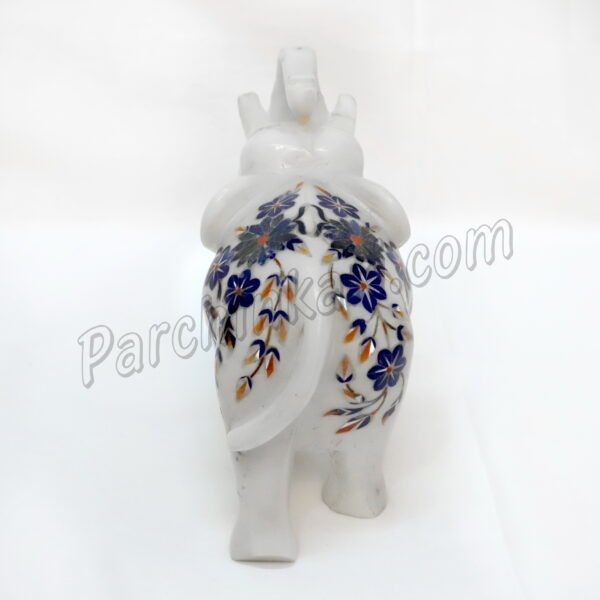 Inlaid Art Elephant Figure in White Marble