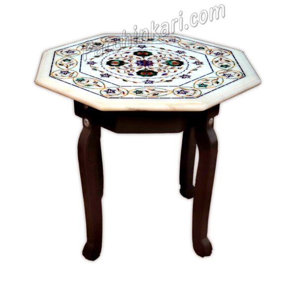 Stone Furniture Table Top in White Marble Inlay Art