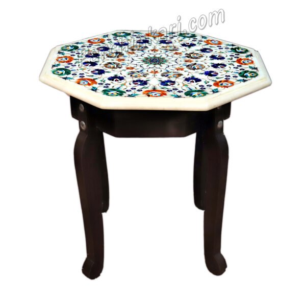 Pietredura Coffee Table Top in white Marble Inlaid with Semi Precious Stones