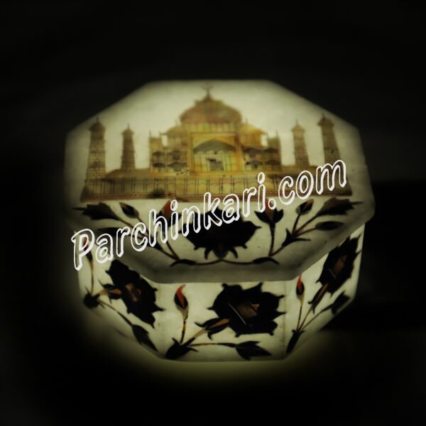 Taj Mahal Design Box for Gifts in White Marble Inlay Art