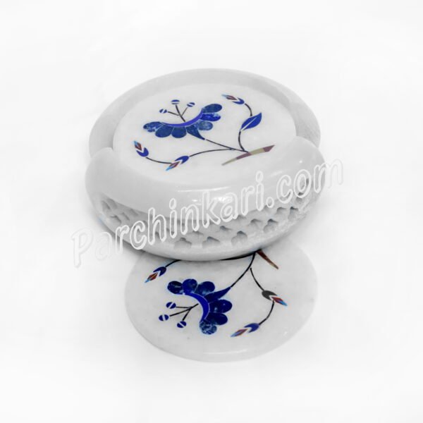 White Marble Coasters Set with Hibiscus Flower Inlaid