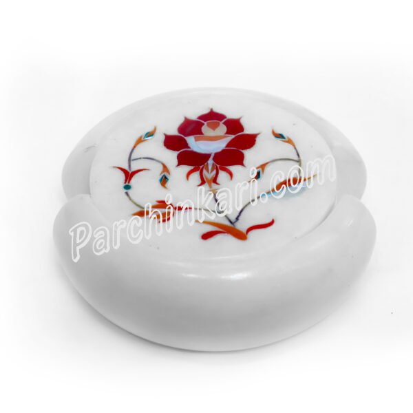 Carnelian Coasters Set in White Marble Inlay Art