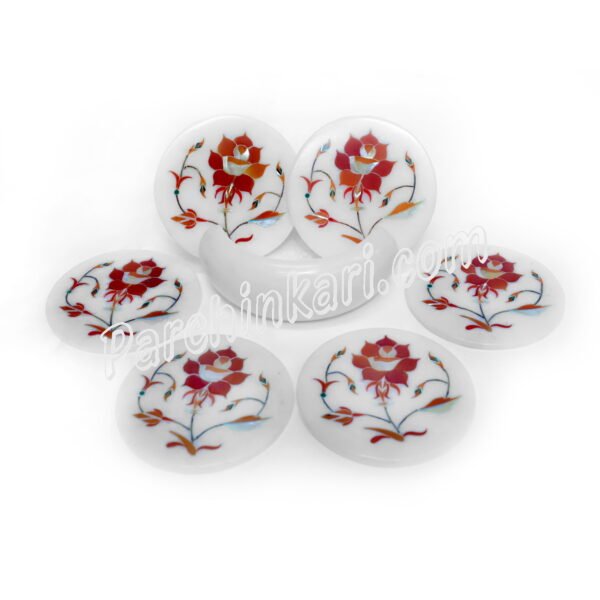 Carnelian Coasters Set in White Marble Inlay Art