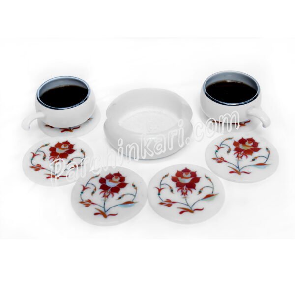 Carnelian Coasters Set in White Marble Inlay Art