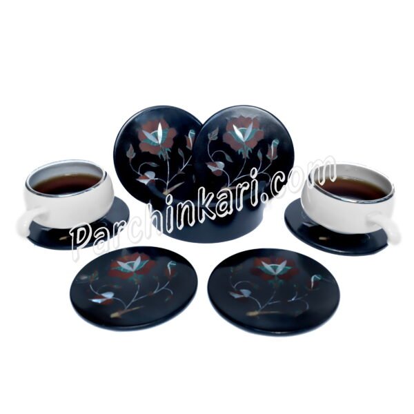 Black Marble Coasters Set with Flower Inlaid Art