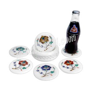 White Marble Coaster Set with Semi-precious Stones Art