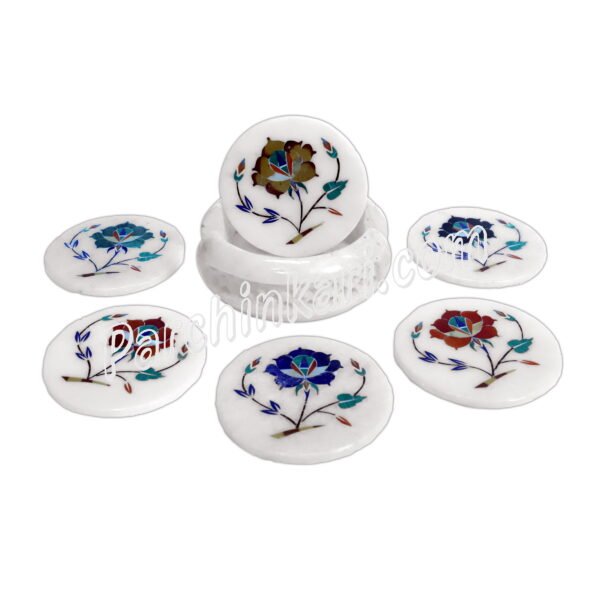 White Marble Coasters Set with Semi-precious Stones Art