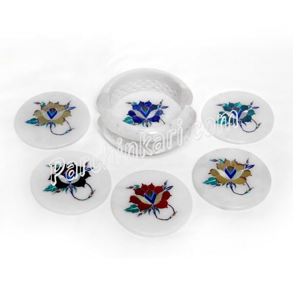 PietraDura Coasters Set in white Marble with Red Rose