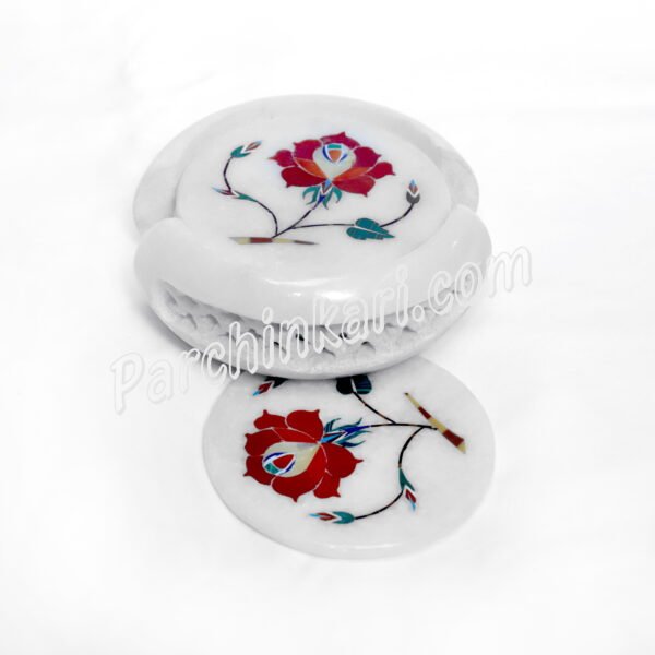 Taj Mahal Art Coasters Set in White Marble Inlay Work