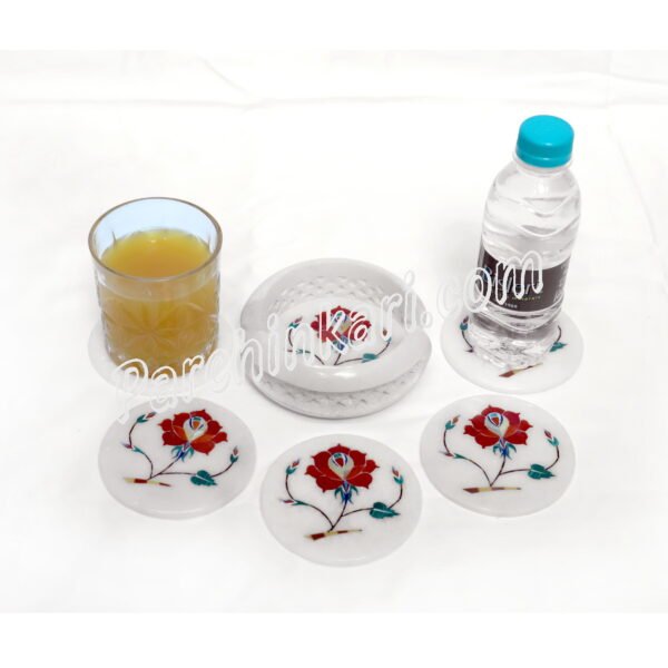 Taj Mahal Art Coasters Set in White Marble Inlay Work